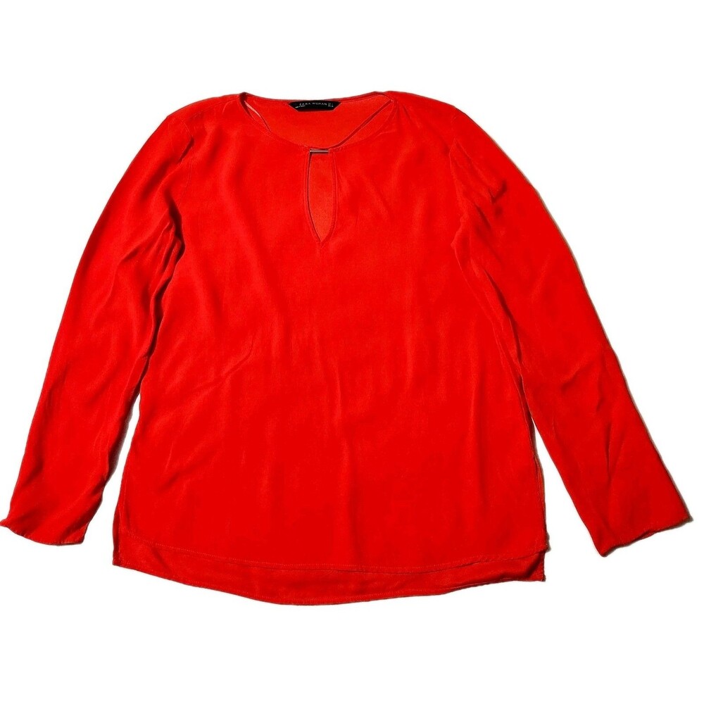 Zara Women's Top Size L Red Long Sleeve V-NECK Basic Blouse Keyhole In Front